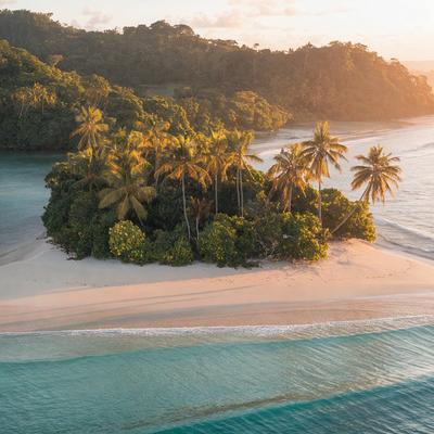 Primary subject: A small island with palm trees and sand.

Setting/background: The island is surrounded by a body of water, with a beach and a forest nearby.

Visual style: The image is a photo of the island.

Colors and mood: The island has a warm and tropical atmosphere, with the sand, palm trees, and water creating a serene and inviting environment.